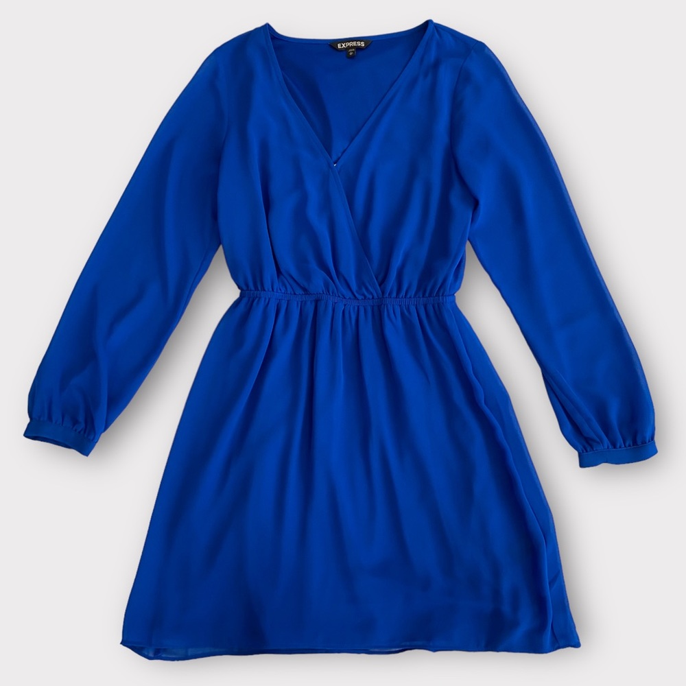 Express Women’s Dress XS Long Sleeve Surplice Mesh Sleeves Faux Wrap Blue